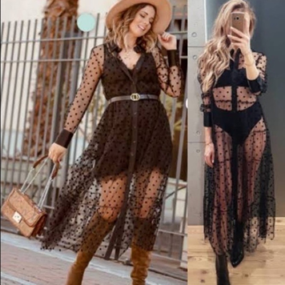 Zara Sheer Dot Midi Collared Long Sleeve